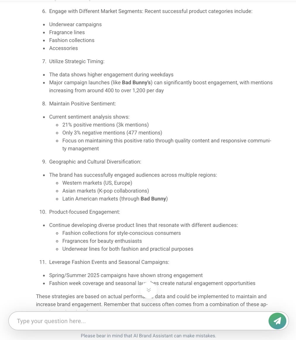 Recommendations and summary by AI brand assistant