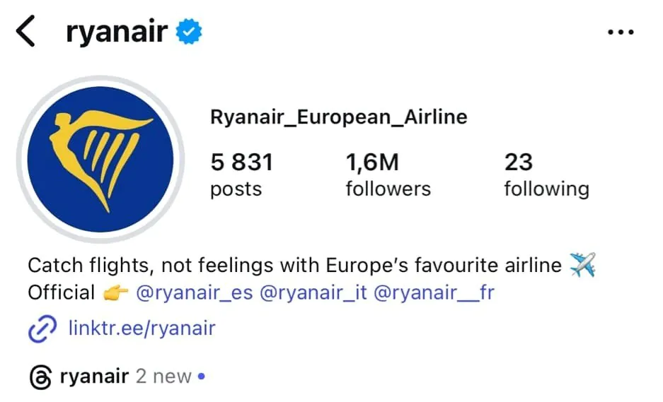Ryanair's Instagram bio