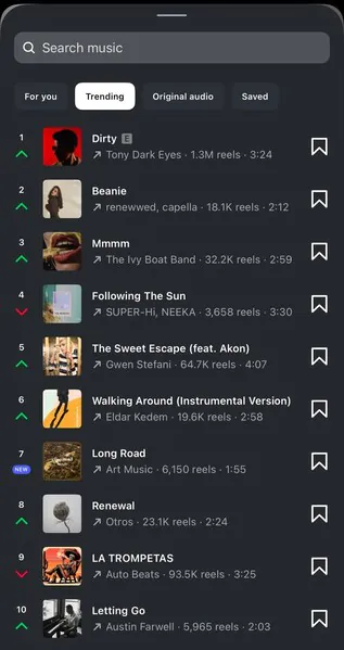 Adding trending audio: step 2 - go to "Trending" and choose the one you like the most