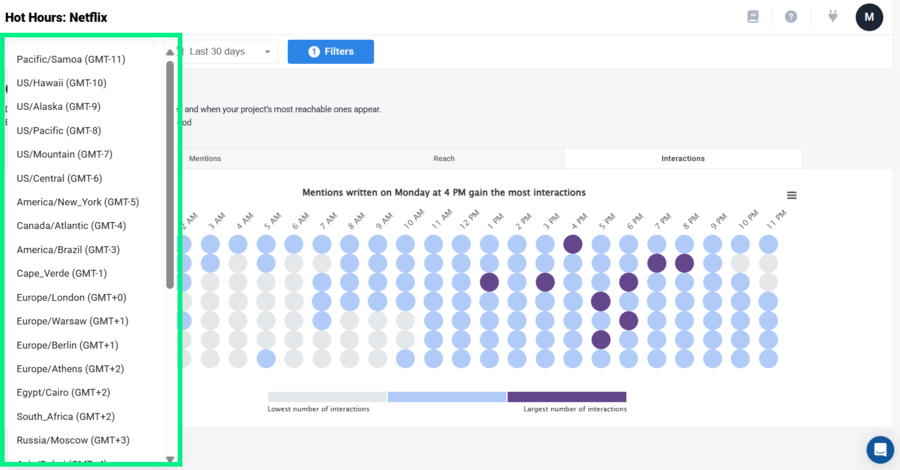 Step-by-step guide: how to find the best posting time for your brand on Bluesky - select the time zone