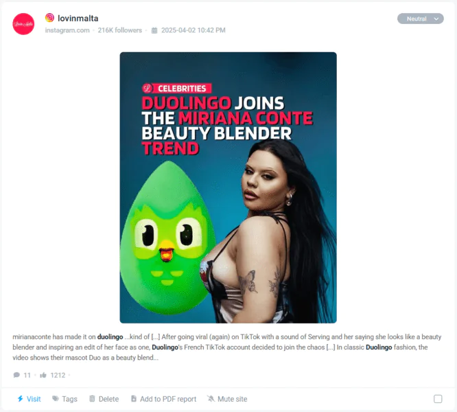Untagged Duolingo's mention detected by Brand24