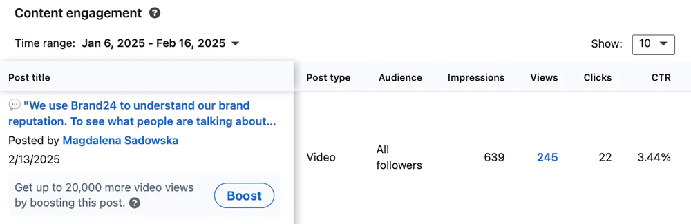 LinkedIn post analytics in internal LinkedIn page analytics.