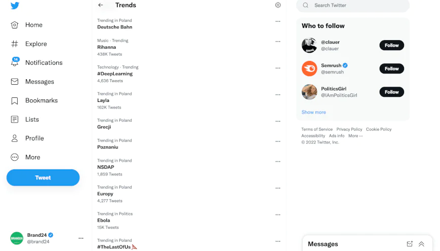 The "Trends" feature shows overall trending topics on Twitter